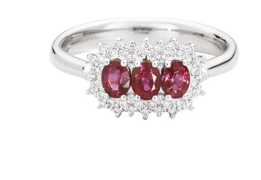 CAMELIA Trilogy ring with coloured centre 18 kt white gold,diamonds and oval rubies