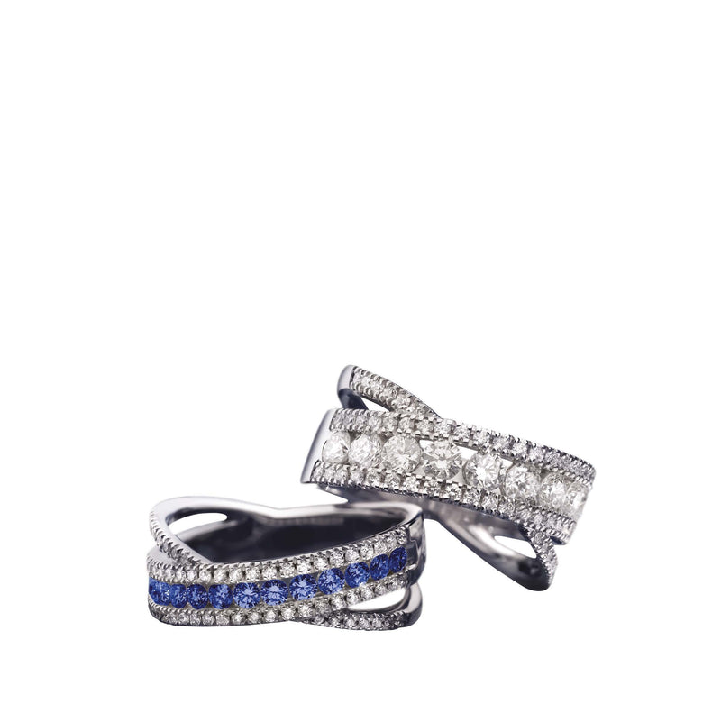 DECÒ Band ring 18 Kt white gold, diamonds and sapphires