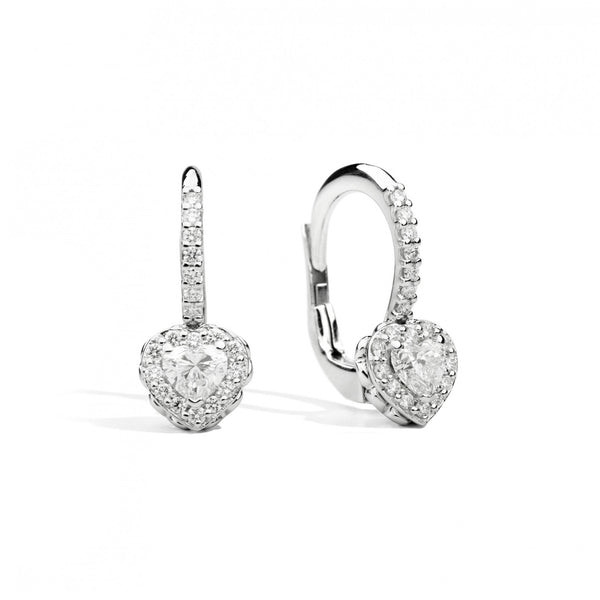 ANNIVERSARY LOVE Bezel-set clasp earrings 18 Kt white gold and brilliant-cut heart-shaped central diamonds