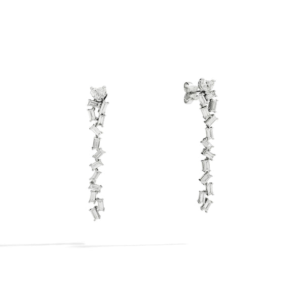 ANNIVERSARY LOVE Drop earrings with movable elements, 18 kt white gold, heart shape and baguette-cut diamonds 2.82ct