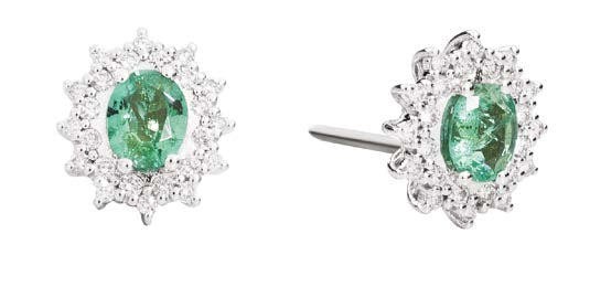 CAMELIA Earrings with coloured centre 18 kt white gold,diamonds and oval emeralds