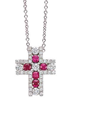 CROSSES Decò necklace 18 Kt white gold with diamonds and rubies