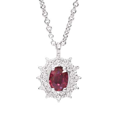 CAMELIA Necklace with coloured centre 18 kt white gold,diamonds and oval ruby