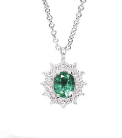 CAMELIA Necklace with coloured centre 18 kt white gold,diamonds and oval emerald