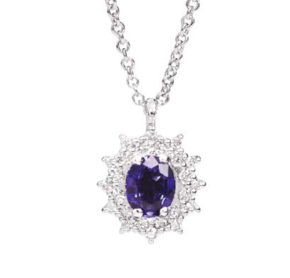 CAMELIA Necklace with coloured centre 18 kt white gold,diamonds and oval sapphire