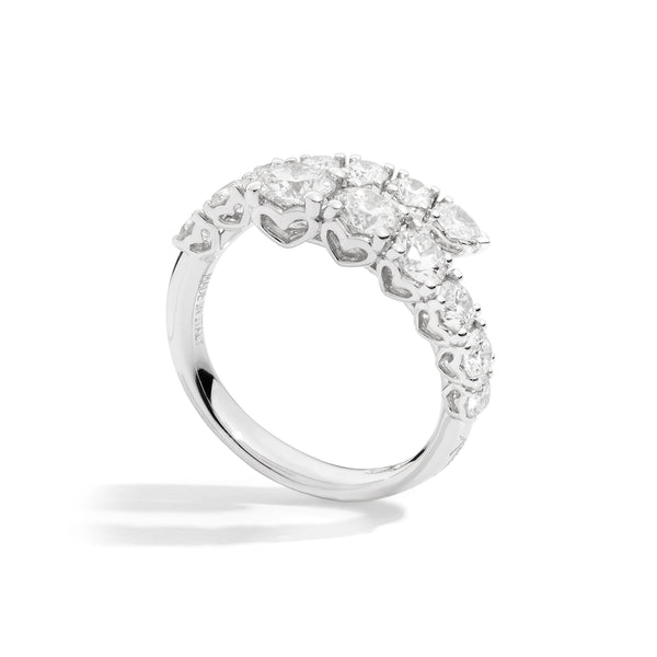 ANNIVERSARY Contrarié ring with diamond surround 18 Kt white gold, brilliant-cut diamonds and 1 pear-cut diamond