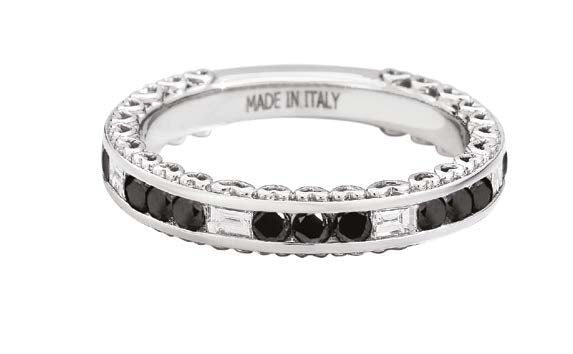 ANNIVERSARY Full-circle ring 18 kt white gold, 3 black diamonds alternating with 1 baguette-cut diamond