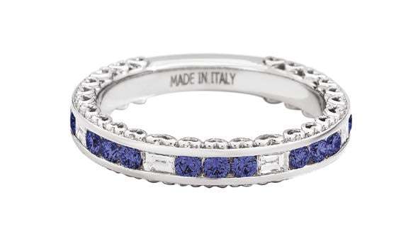 ANNIVERSARY Full-circle ring 18 kt white gold, 3 round brillant-cut sapphires alternating with 1 baguette-cut diamond