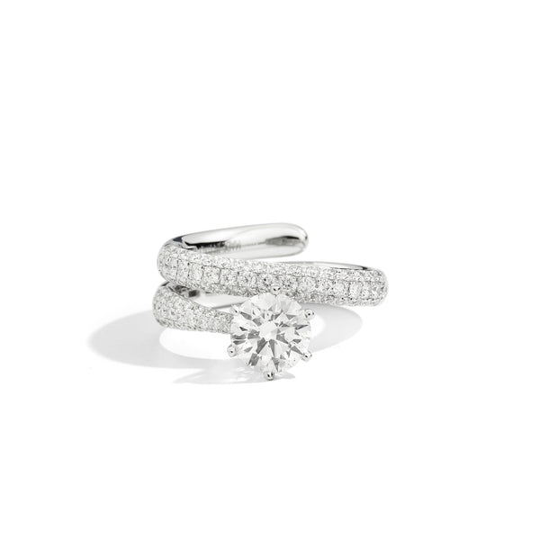 ANNIVERSARY Solitaire ring with double pavè band, 18 kt white gold and diamonds