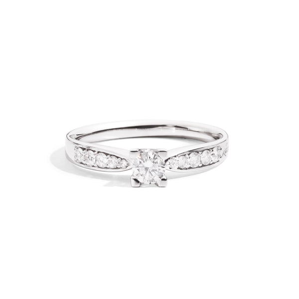 MARIA TERESA Solitaire ring with bezel-set band, 18 Kt white gold and diamonds