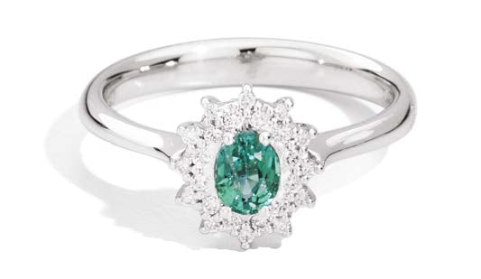 CAMELIA Ring with coloured centre 18 kt white gold,diamonds and oval emerald