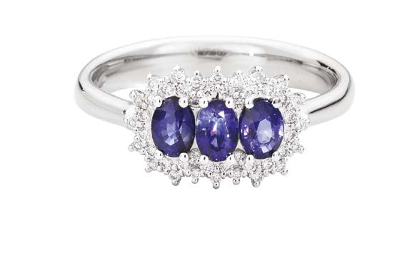 CAMELIA Trilogy with coloured centre 18 kt white gold,diamonds and oval sapphires