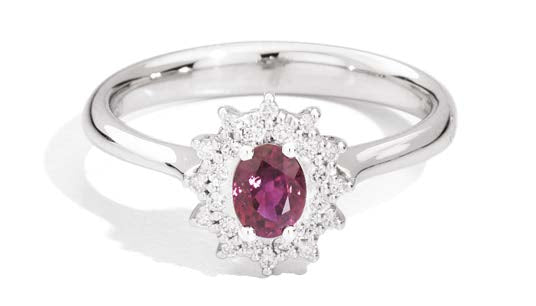 CAMELIA Ring with coloured centre 18 kt white gold,diamonds and oval ruby