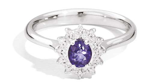 CAMELIA Ring with coloured centre 18 kt white gold,diamonds and oval sapphire