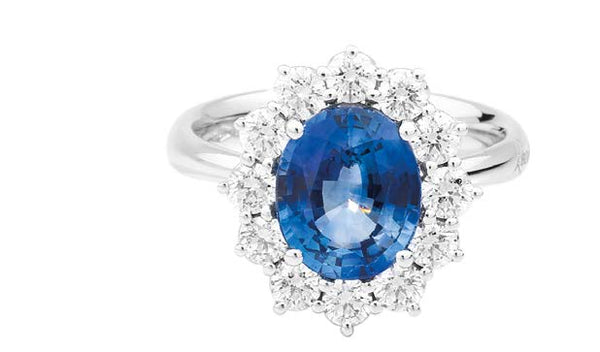 ANNIVERSARY GEMS Ring 18 kt white gold with coloured centre with Sapphire from Ceylon and diamonds brilliant-cut surround