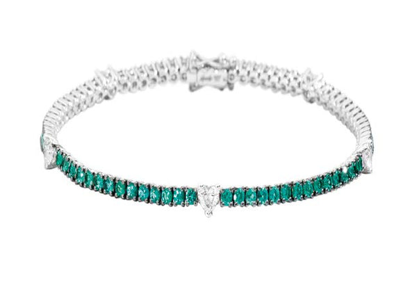 ANNIVERSARY LOVE Tennis bracelet 18 kt white gold, alternating brilliant-cut diamonds heart -shaped and emeralds