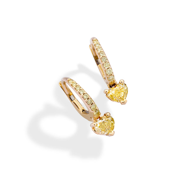 LIMITED EDITION claps earring 18 kt yellow gold, brilliant-cut heart and round shape fancy diamonds